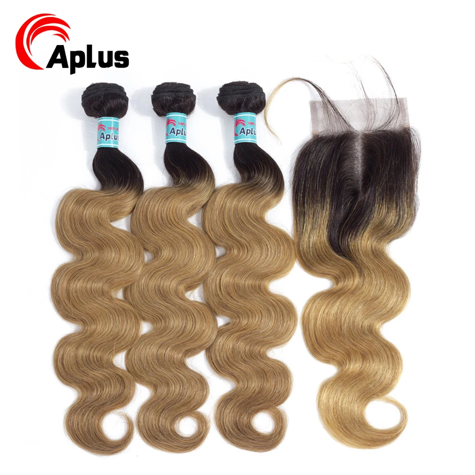

Aplus Hair Ombre 1B/27 Malaysian bundles with closure Body Wave 2 Tone Blond Non Remy Hair 3 Bundles With Lace Closure