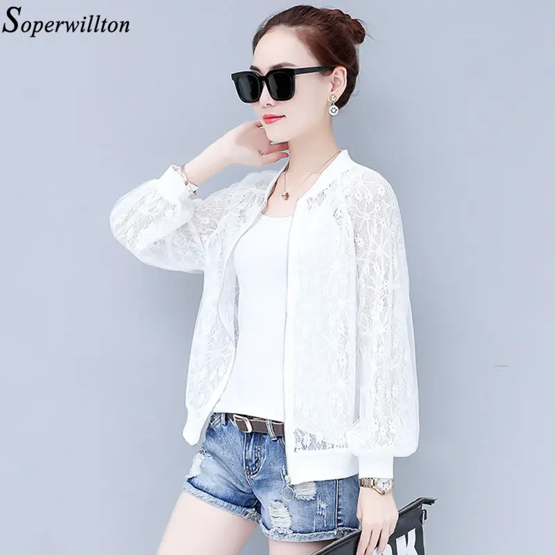 

Summer Jacket Women Thin Lace Coat Lady White Blue 2019 New Autumn Long Sleeve Bomber Jacket Female Plus Size Casual Zipper A51