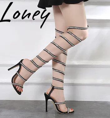 

Loney New Spring Summer Sexy Crystal Snake Knee HIgh Sandals Sexy Open Toe Thin HIgh Heel Sandals Pumps Shoes Women