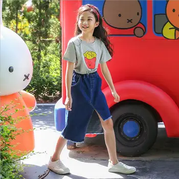 

6-16Y Teens Girl Outfits 2019 Summer Girls Fashion French Fries T-shirt+Denim Skirt 2 Pcs Suits Kids Clothes Girls 8 To 12