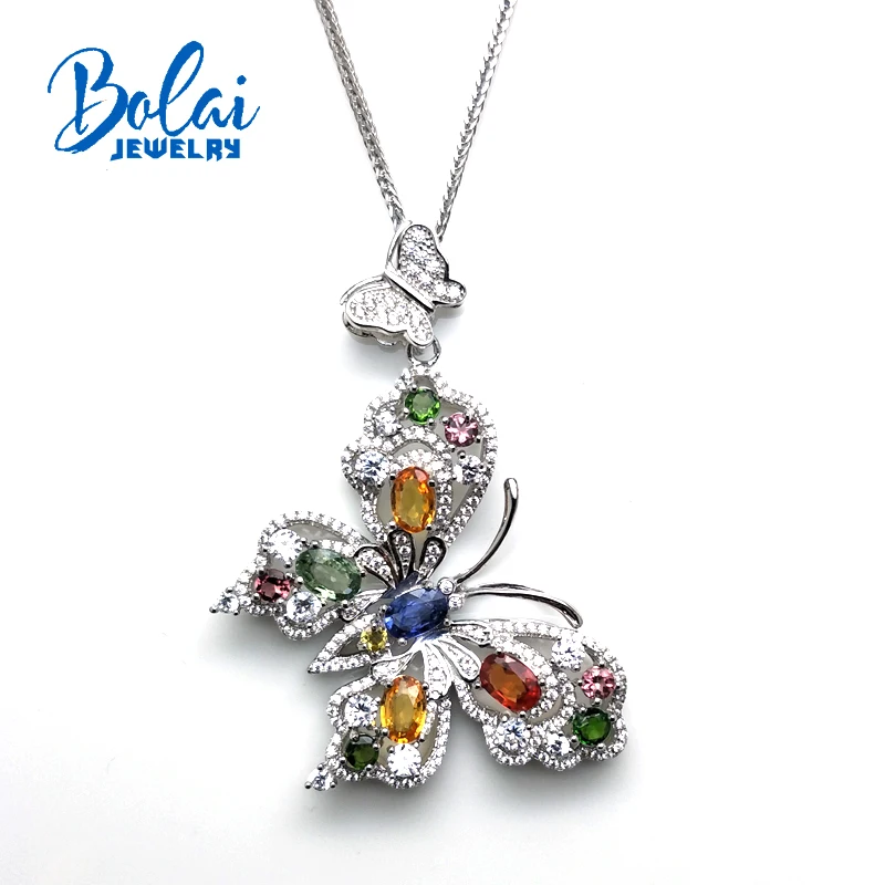 

Bolaijewelry,Natural Fancy sapphire with fancy color tourmaline butterfly pendant necklace 925 sterling silver fine jewelry