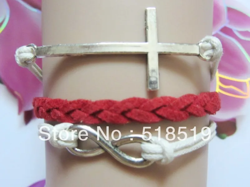 Free Shipping!6pcs/lot!Antique Silver Sideways Cross Infinity Charm Bracelet Red And White Woven Trendy Women Cuff Jewelry L-532 | Украшения