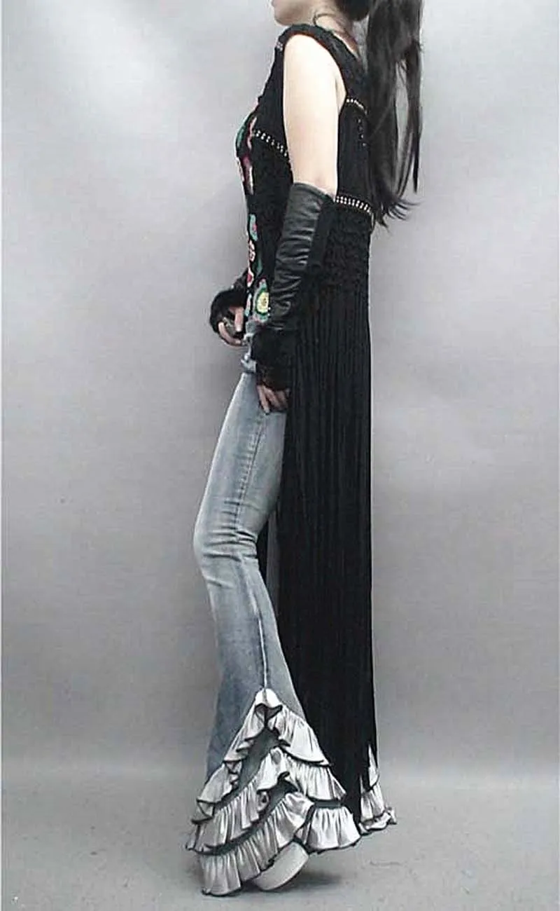 Мода года личности оборками Брюки для девочек Джинсы для женщин Брюки плюс Размеры Винтаж длинные из стираного денима Мотобрюки Tall Для женщин w807