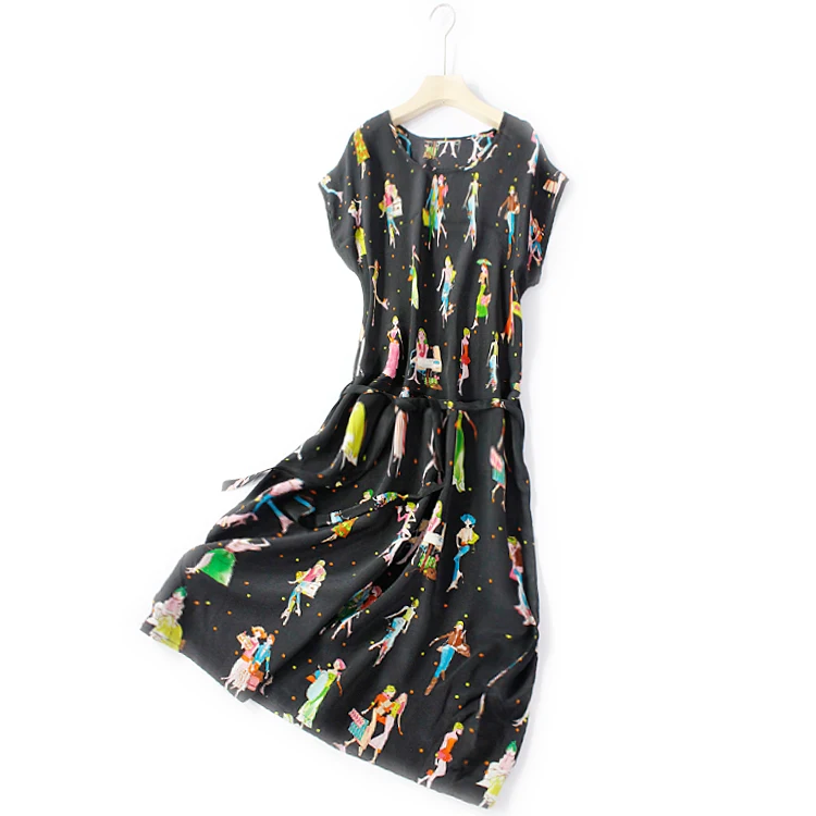 Модное платье из шелка тутового цвета с мультяшным принтом, женское свободное шелковое платье большого размера, тонкое повседневное летнее платье с круглым воротником