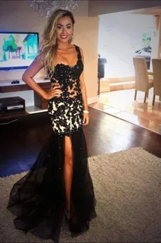 

Vestidos De Festa Longo Sexy Long Dresses Black Dress Long Slit Sheer Lace Mermaid Prom Dresses