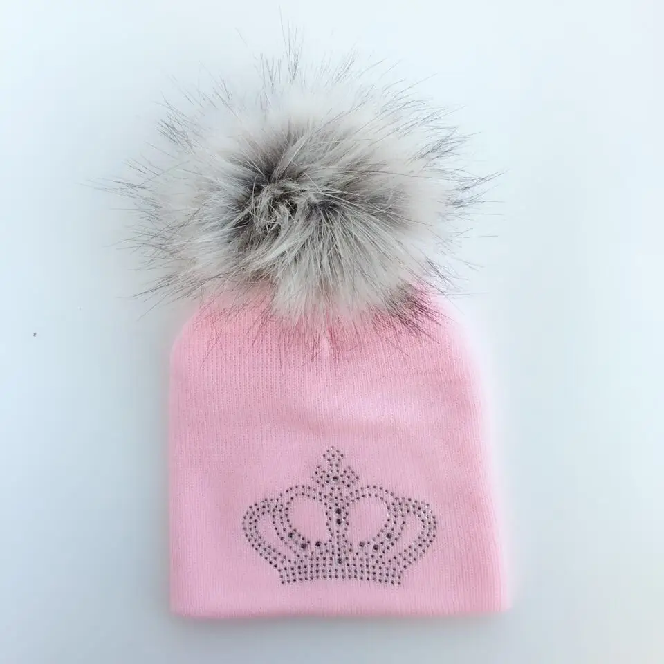 crown pink 6 Детская вязаная теплая Зимняя шерстяная шапка с алмазной вышивкой для девочек и мальчиков, Детские повседневные шапочки короны с помпоном из искусственного меха - Цвет: crown pink 6