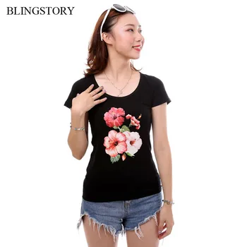 

BLINGSTORY Summer Flower Cotton Tee Plus Size Women Short Sleeve Casual T-shirts
