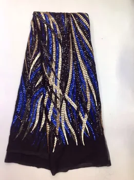 

Wholesale 2019 Latest African French Net Lace Fabric With Beaded.Blue Color High Quality African Tulle Lace Fabric For Wedding