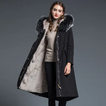 

New Winter Long Jacket Women Clothes Real Raccoon Fur Collar Hooded Coat Rex Rabbit Liner Coat Vintage Parka Abrigo Mujer Z1121