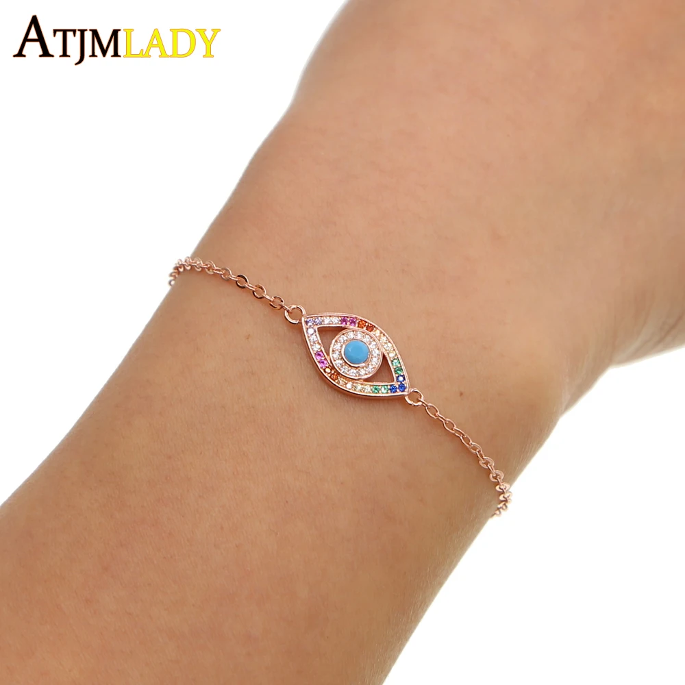 

2018 new trendy rose gold link chain tiny bracelet multi colors cz turkish evil eye cz charm bracelet delicate bangle adjustable