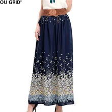 Цветочный принт длинная юбка Лето Для женщин Элегантный черный и темно-синяя плиссированная пляжная юбка