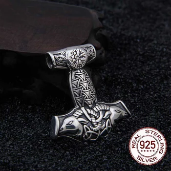 

Real 925 Sterling Silver Viking Goat Viking Thor hammer Pendant Nekclace with really leather as gift