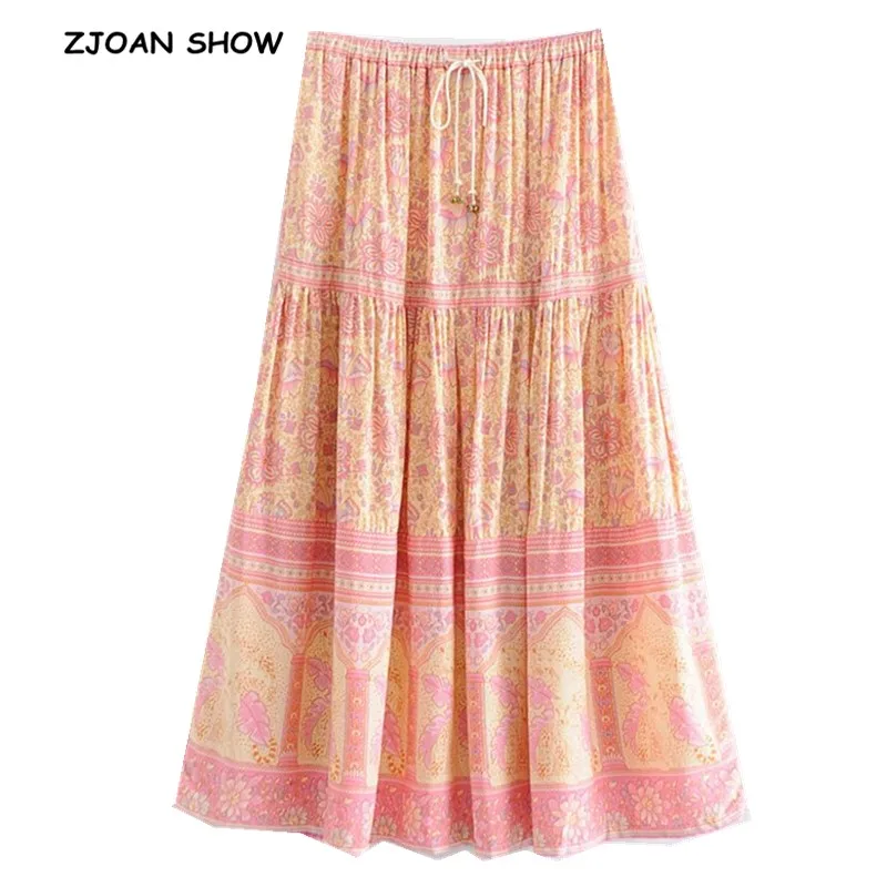 

2019 New Bohemian Yellow Pink Floral Print Long Skirt Women Stitching pleated Lacing up Stream Elastic Waist Swing Skirts Beach