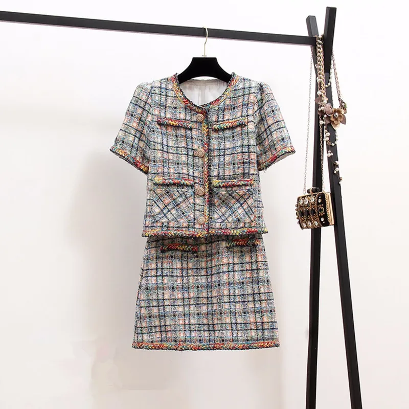 

Top Quality 2019 Summer Runway Suit Women Vintage Short Sleeve Rainbow Tweed Woolen Jacket Coat+Mini Skirt Set 2 Piece Outfits