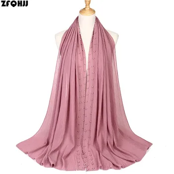 

ZFQHJJ Women Bubble Chiffon Hijab Scarf Pearl Crinkle Wrinkle Muslim Hijabs Turban Turkish Head wraps Large Long Shawl Plain