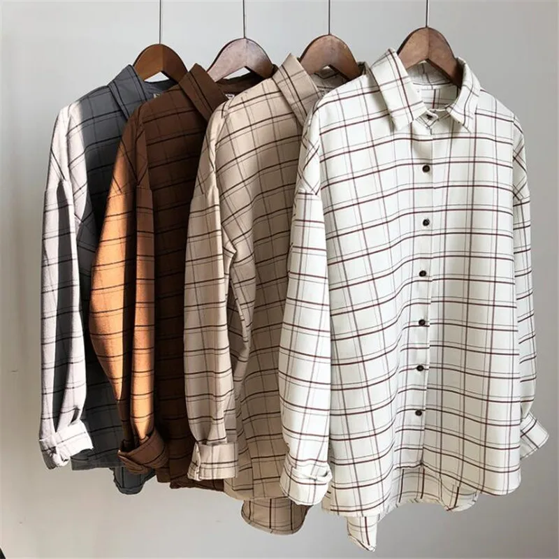 

Loose Cotton Plaid Blouses College Shirt Female Casual Drop Shoulder Long Sleeve Women Tops and Blouses Office Lady Shirts