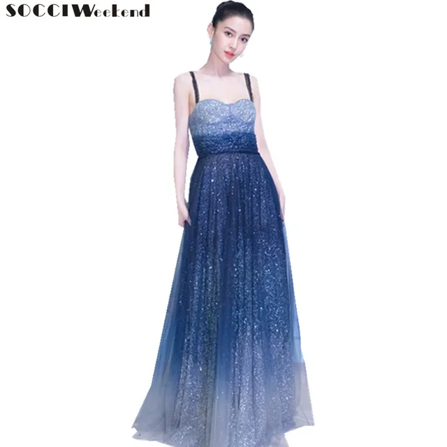 SOCCI Weekend New Luxury Blue Evening Dress 2018 the Banquet Sexy Strap