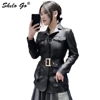 

Streetwear Leather Trench Women Fashion Spring Gold Metal Belt Sheepskin Genuine Leather Trench Casual Shirt Style Female Coat