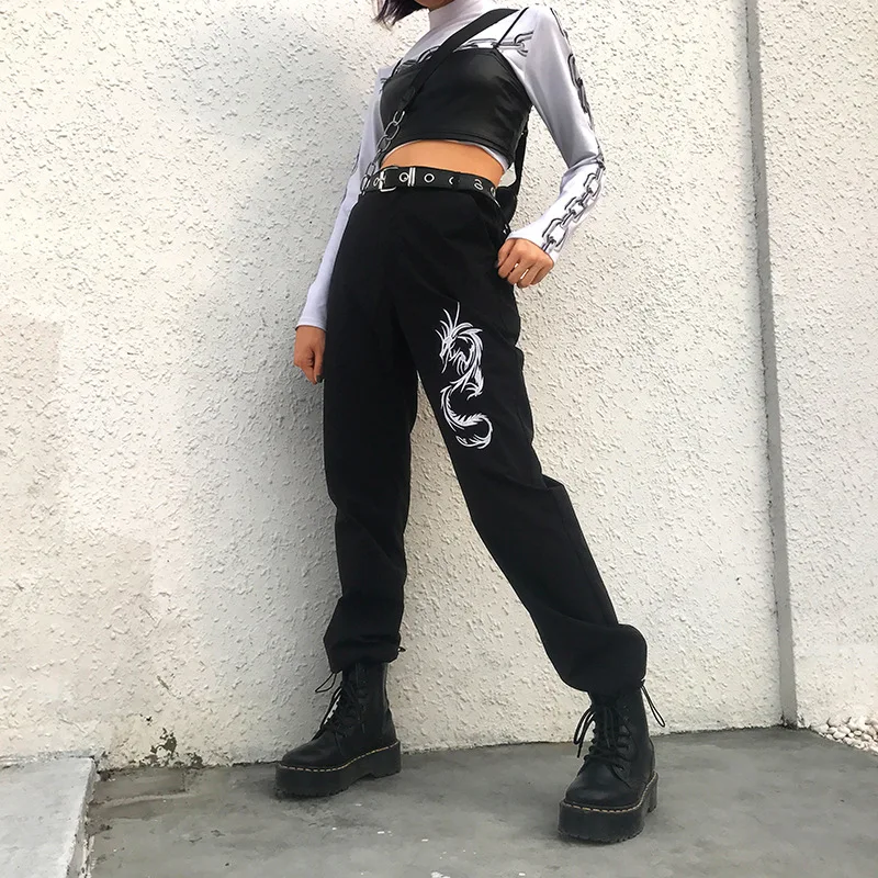 

Harajuku Gothic Dragon Embroidery High Waist Straight Drawstring Hip Hop Jogger Track Pant Streetwear Summer Clothes Cargo Harem