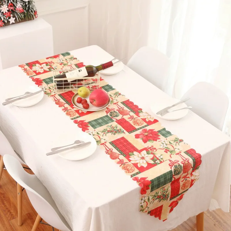 

Christmas Table Runner Christmas Flower Pattern Printed Festive Holiday Dinning Table Decorations Photography Background Cloth