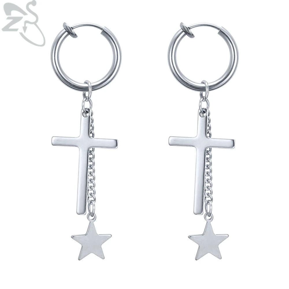 

ZS 1PCS Punk Earrings Cuff for Men 316L Stainless Steel Cross Star Fake Piercing Earring for Women K Pop Fake Earrings Rock Rull