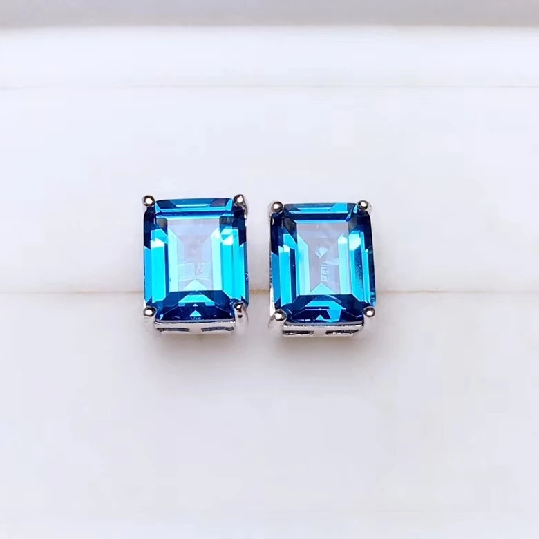 

8*10mm natural blue topaz stud earrings Natural gemstone earrings Elegant Square pincushion S925 silver girl women gift jewelry