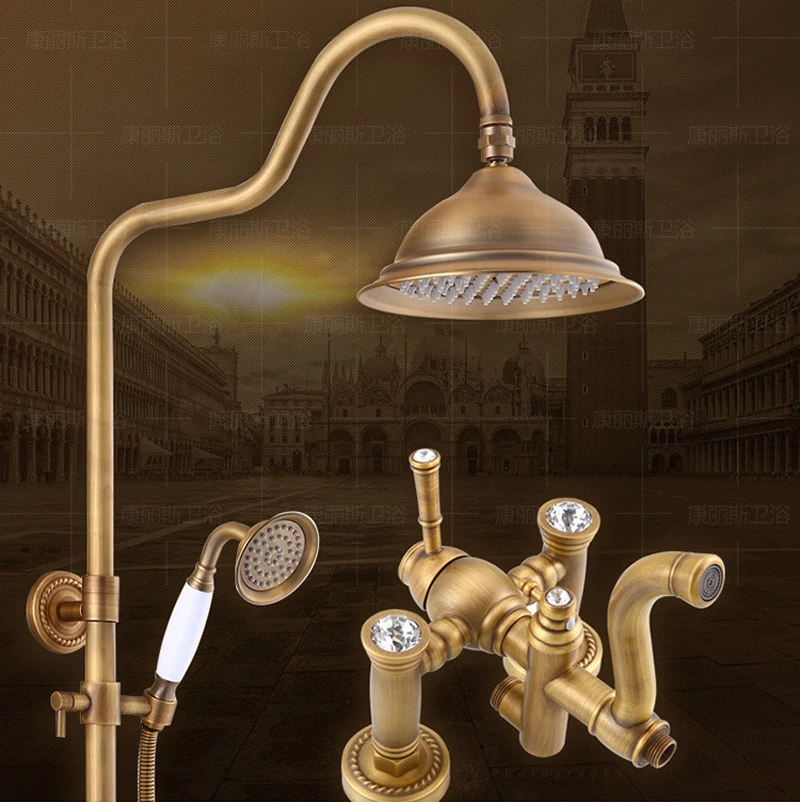 

European Style Luxury Antique Brass Bathroom Shower Faucet Rain Shower Head+Tub Faucet + Hand Shower mixer