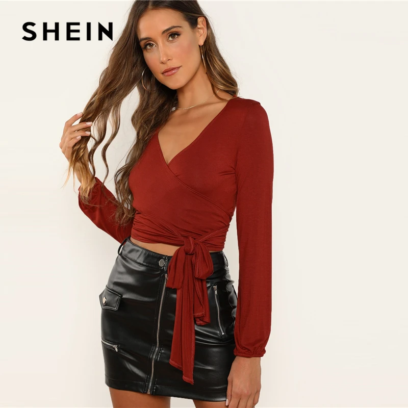 SHEIN Короткая Блузка С Глубоким V-Образным Вырезом Женские Богемные Блузки С Длинными Рукавами И Поясом