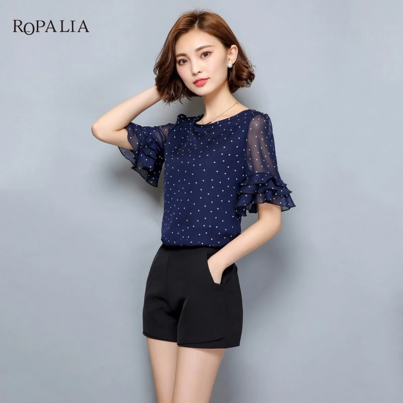 ROPALIA женские блузки летняя шифоновая блузка с коротким рукавом рубашка в горошек