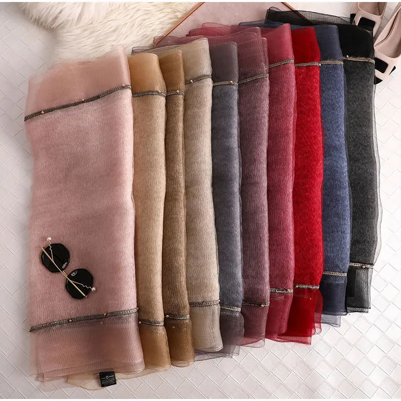 

Brand Solid 2019 Beading women silk scarves fashion Embroidery high quality soft wool scarf lady pashmina shawls bandana foulard