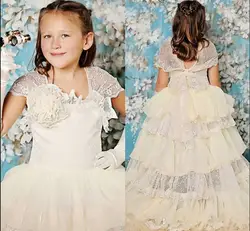 Уникальное многослойное Тюлевое кружевное платье с цветочным узором для девочек, для церковной свадьбы, с коротким рукавом и открытой