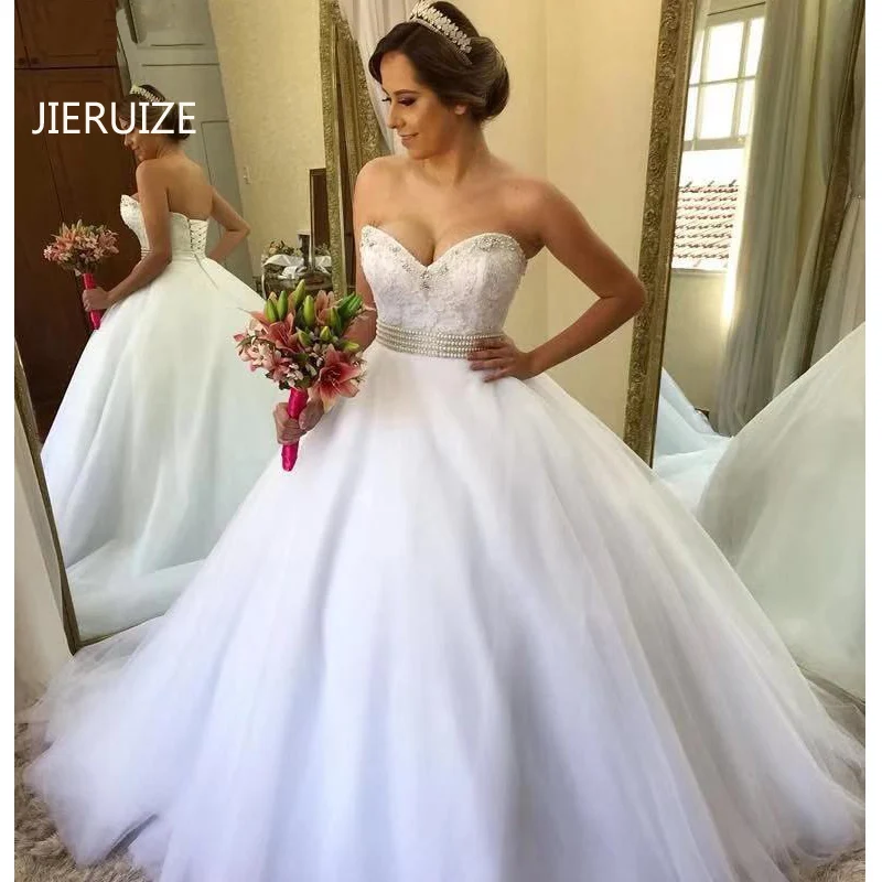JIERUIZE, белое кружевное бальное платье принцессы с аппликацией, свадебные платья, платья невесты с жемчугом, свадебные платья, vestidos de noiva