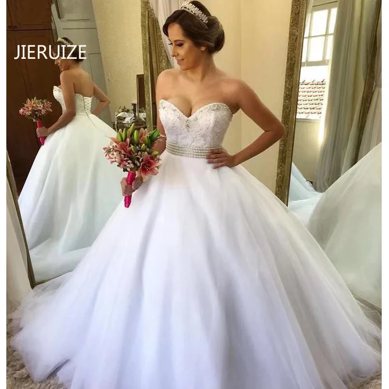 

JIERUIZE White Lace Appliques Ball Gown Princess Wedding Dresses Sweetheart Pearls Bride Dresses Wedding Gowns vestidos de noiva