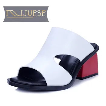 

MLJUESE 2018 women slippers Genuine leather summer style white color slip on strange style high heels sandals women size 34-42