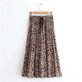 

2019 New Women Vintage Leopard Print Pleated Midi Skirt Faldas Mujer for Ladies Elastic Waist Sashes Chic Mid-calf Female Skirts