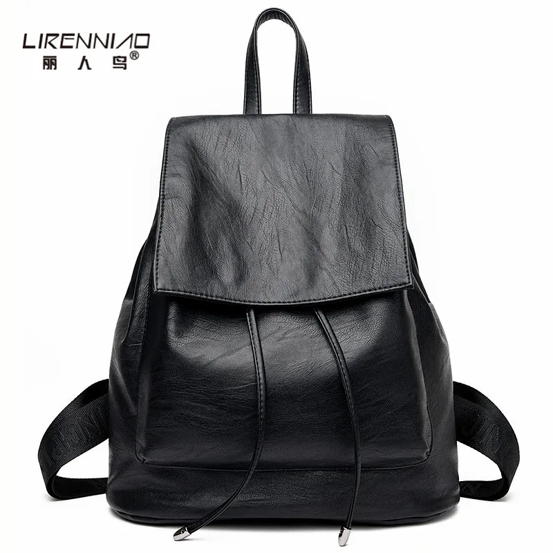 LIRENNIAO Vintage Leather Backpack Women Solid Drawstring School Bags For Teenagers mochila mujer Softback Travel Woman