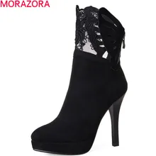 MORAZORA/Новые модные осенне-зимние женские ботинки черные ботильоны из флока на очень высоком каблуке и платформе, с вышивкой, на молнии Большие размеры 34-43