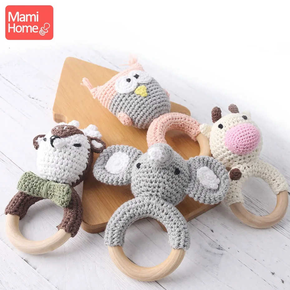 

mamihome 1pc Animals Rattle Food Grade Wood Ring Chew Teething Toys Baby Gifts Handmade Crafts Crochet Animals Baby Teether