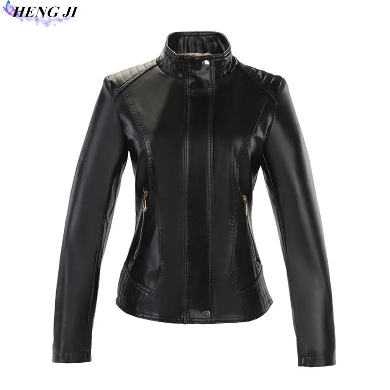 2017 Women Stand Collar Leather Jacket Large Size Slim Long Sleeve
