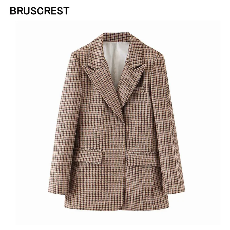 

Vintage houndstooth plaid women blazers and jackets for office lady elegant tweed long sleeve blazer mujer coat blaser feminino