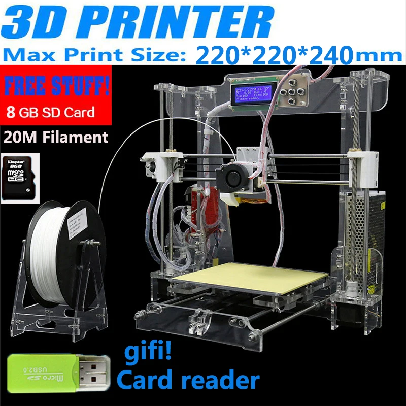  2016 new 3D printer Big Size 220*220*240MM reprap prusa i3 3D printer DIY kits with 25M filament 8GB SD card for free 