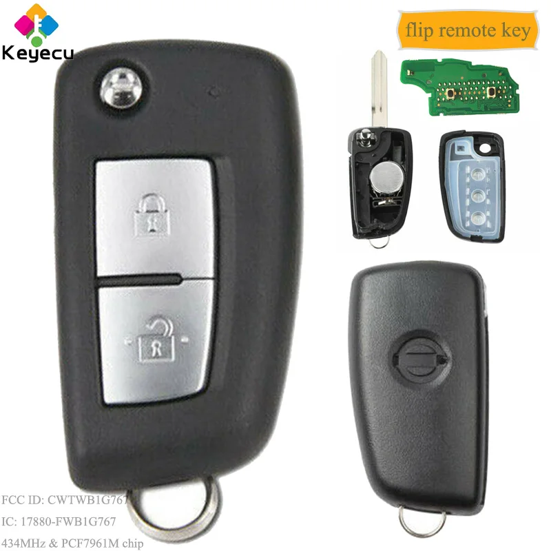 Раскладной ключ KEYECU для автомобиля с 2 кнопками 434 МГц PCF7961M FOB Nissan Qashqai J11 Pulsar C13 Juke F15