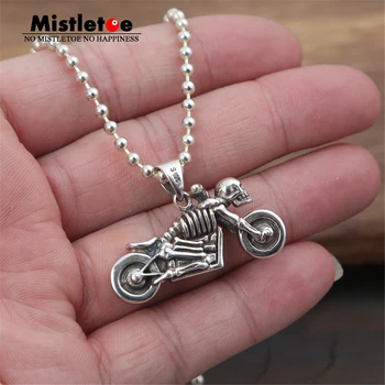 

Genuine 100% 925 Sterling Silver Vintage Punk Locomotive Skull Skeleton Motorcycle Pendant For Women Men Necklace Jewelry Thai