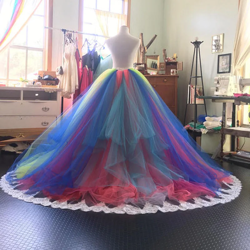 

Chic Rainbow Puffy Tulle Skirts For Bridal Pleated Tiered Floor Length Long Tutu Skirt Women With Appliques Custom Made 2018