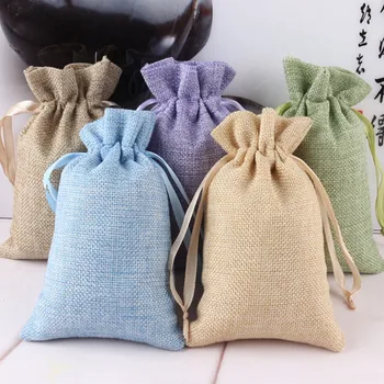 オンライン 5 個ガーデンリネン生地ジュート巾着袋ギフトパッケージバッグナチュラル麻布バッグナイロン巾着再利用可能な家の装飾