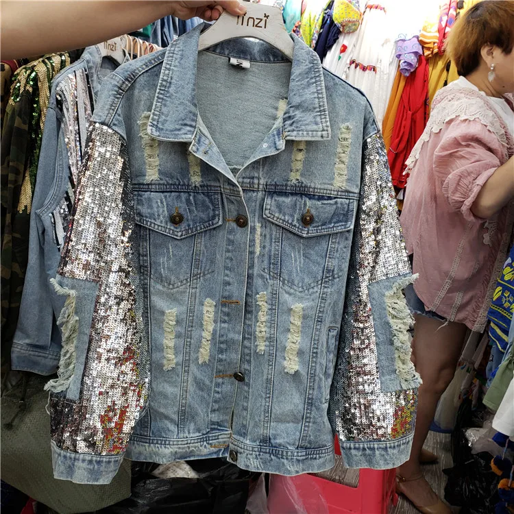 

2019 Autumn Holes Sequins Loose Gloria Jean Jeacket Streetwear Denim Jackets Sequins Patch Denim Coat Ladies Harajuku Broken