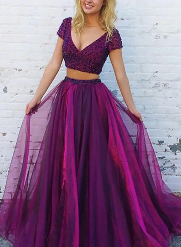 2 предмета фиолетовые сексуальные платья с v-образным вырезом для выпускного вечера Новые Длинные вечерние платья в пол с коротким рукавом vestidos de gala - Цвет: Picture Color