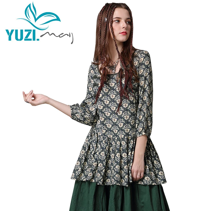 

Women's Blouse 2018 Yuzi.may Boho New Cotton Linen Women Shirt O-Neck Three Quarter Sleeve Ruffles Hem Floral Print Tops B9235
