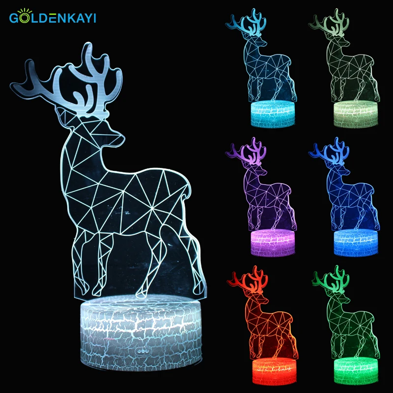 

GOLDENKAYI 3D LED Originality Night Lights Atmosphere Visual Lamp Touch Deer Bedside Seven Colors Light Gift For Christmas