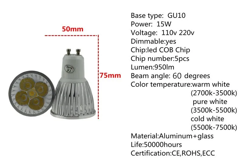 1X супер яркий 9 Вт, 12 Вт, 15 Вт, GU10 Светодиодный лампочки 110 v 220 v затемнения Светодиодный прожектор теплый/холодный белый GU10 базовый потолочный светодиодный светильник